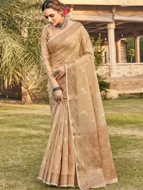 Odette Women Beige Color Cotton Saree With Unstitched Blouse