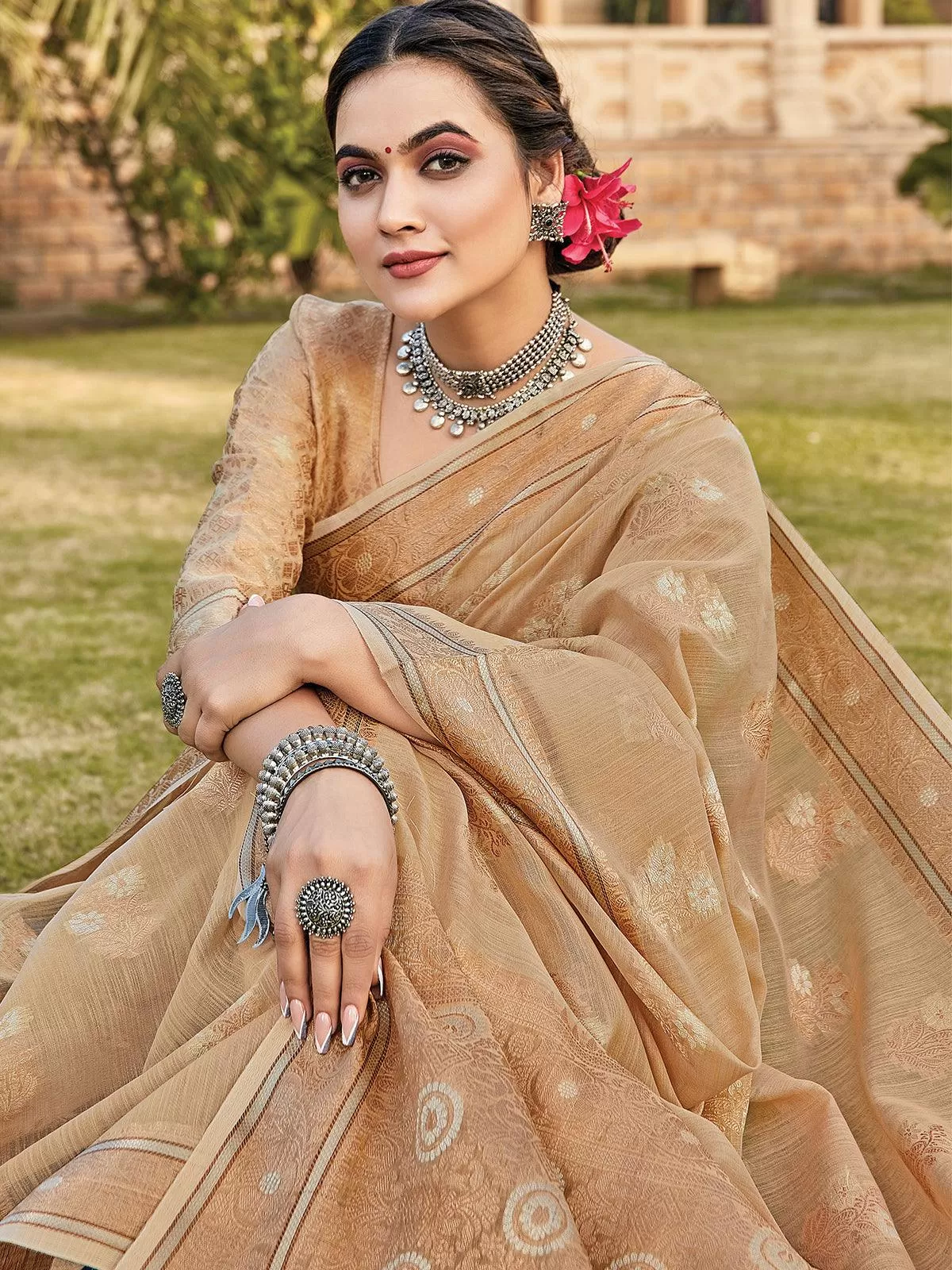 Odette Women Beige Color Cotton Saree With Unstitched Blouse