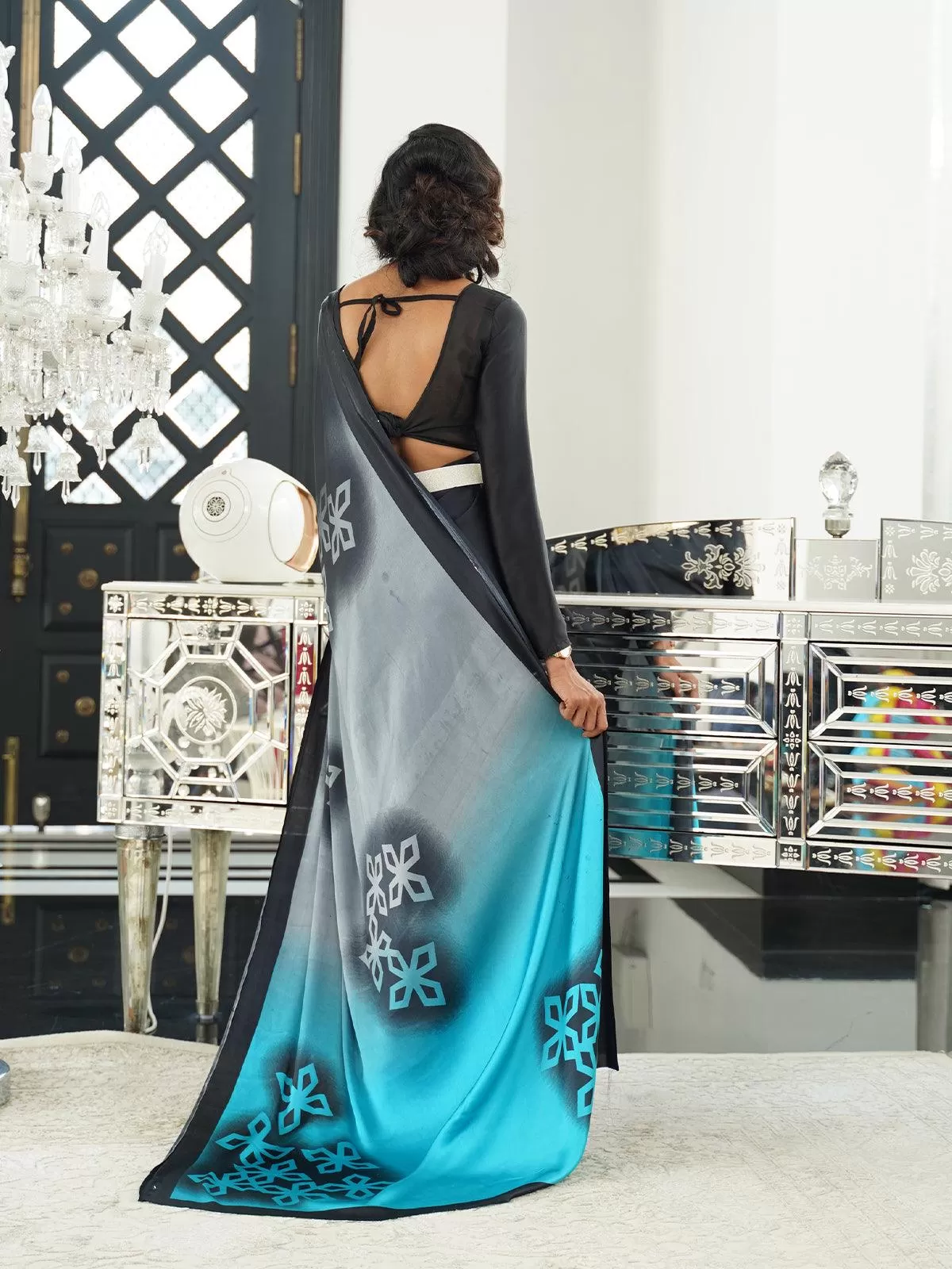 Odette Women Black & Blue Festive Crepe Printed Saree With Unstitched Blouse