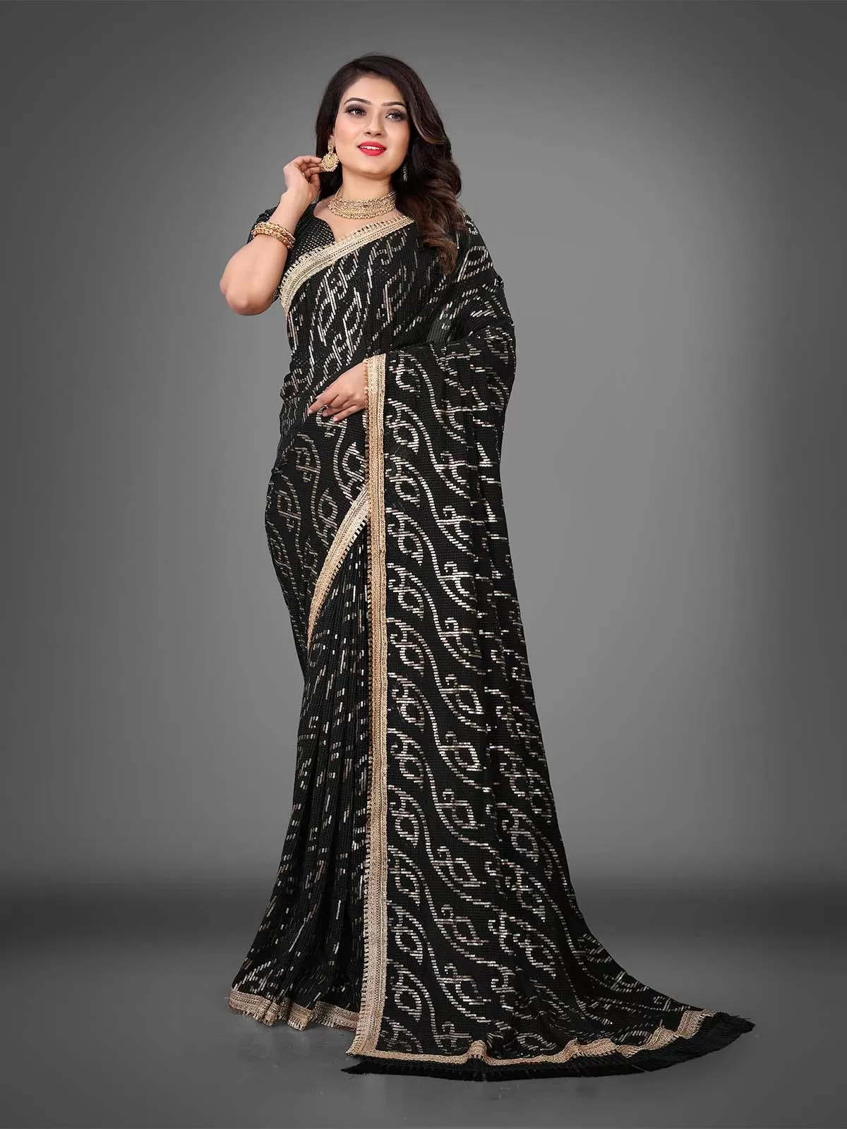 Odette Women Black Sequins Sassy Saree With Unstitched Blouse