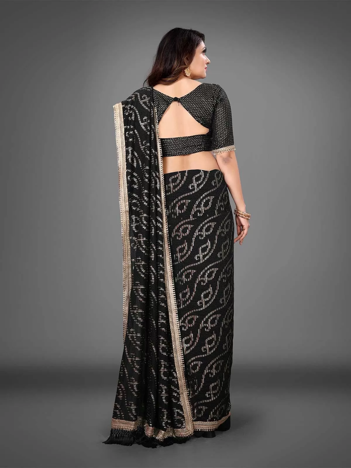 Odette Women Black Sequins Sassy Saree With Unstitched Blouse