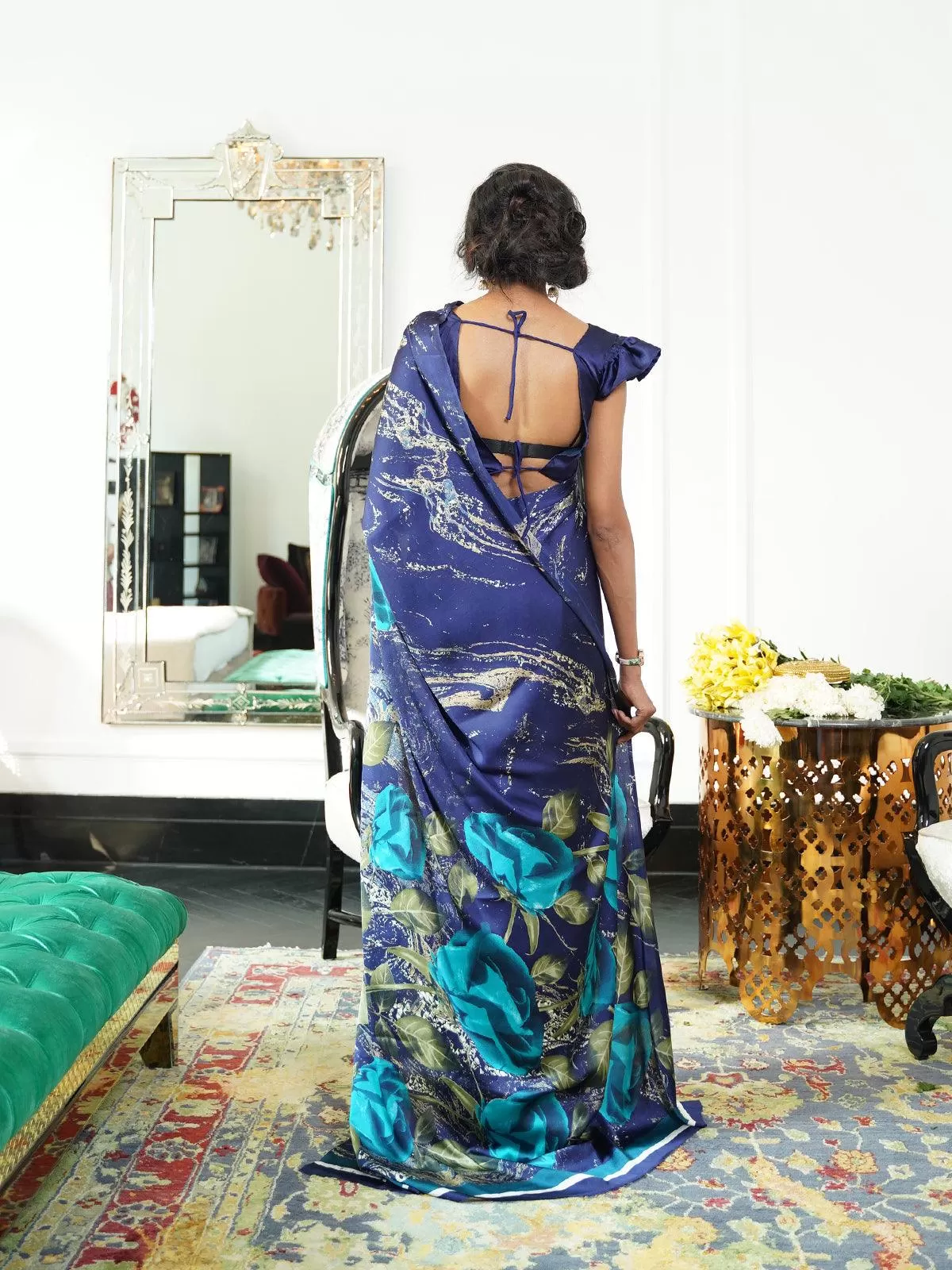 Odette Women Blue Festive Crepe Printed Saree With Unstitched Blouse