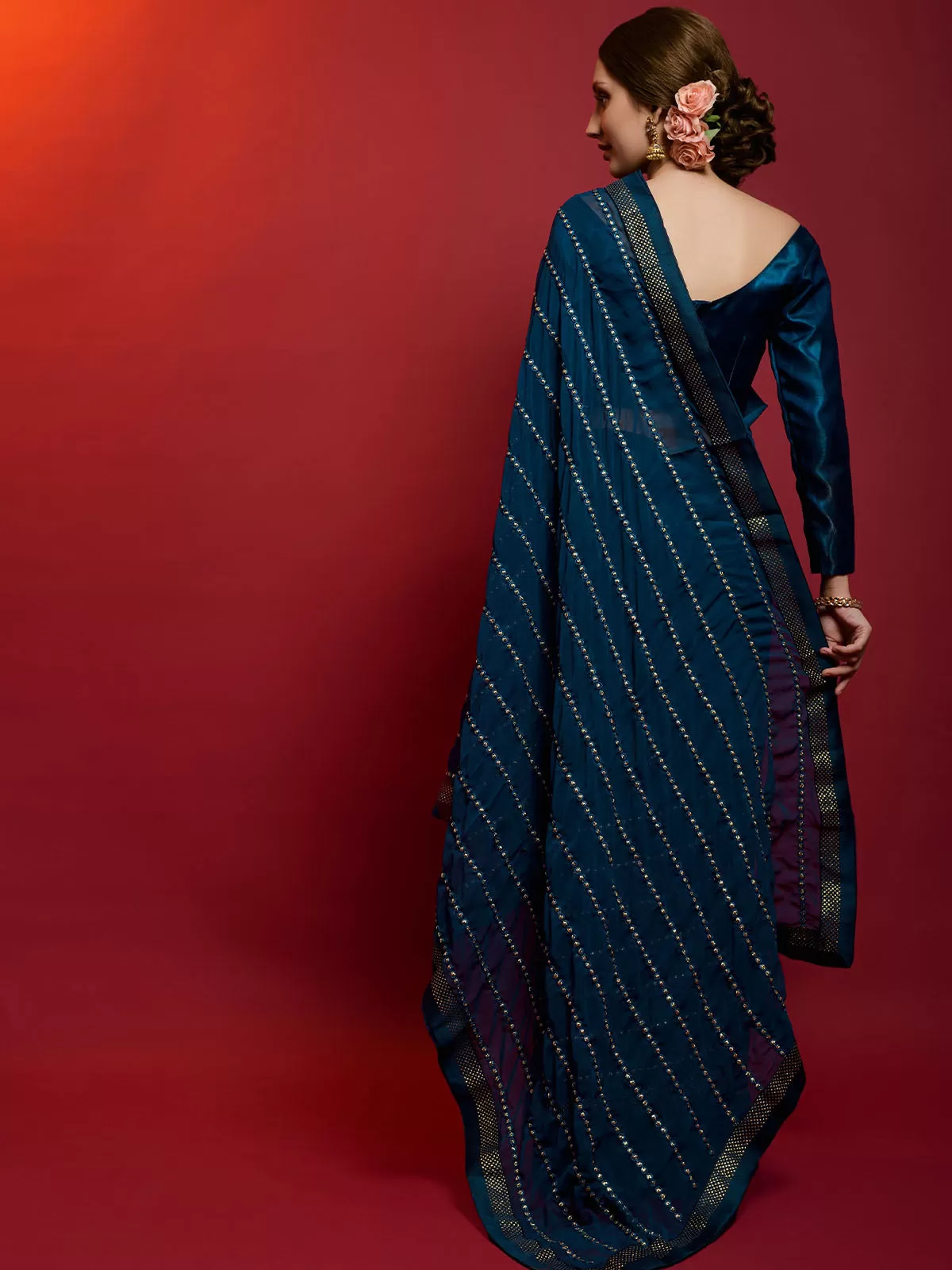 Odette Women Blue Georgette Striped Saree With Unstitched Blouse