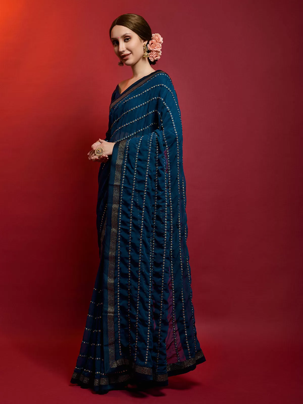 Odette Women Blue Georgette Striped Saree With Unstitched Blouse