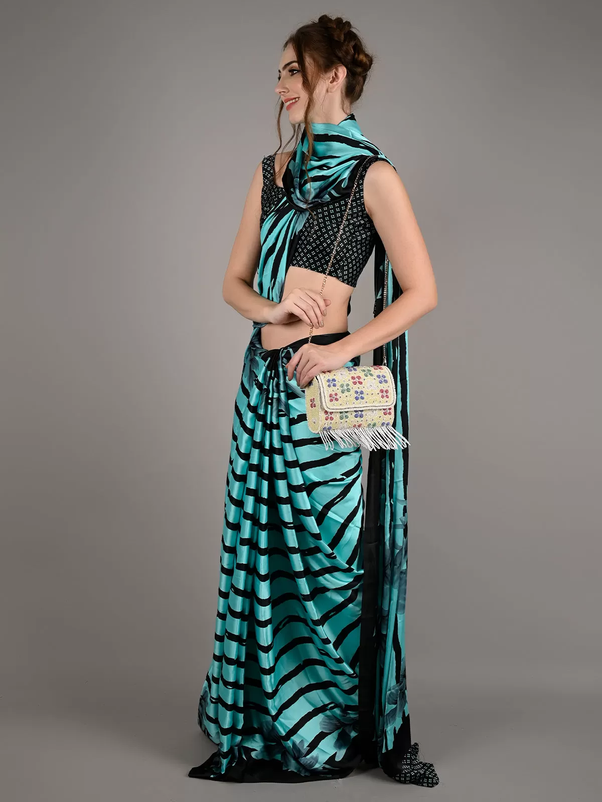 Odette Women Blue Satin Crepe Stripes Saree With Unstitched Blouse