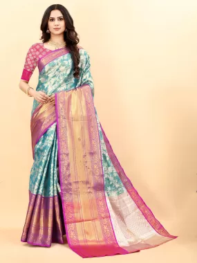 Odette Women Blue Silk Woven Saree With Unstitched Blouse