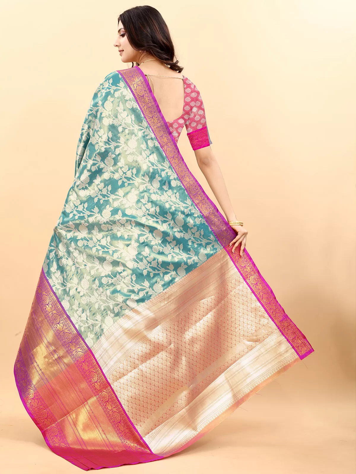 Odette Women Blue Silk Woven Saree With Unstitched Blouse