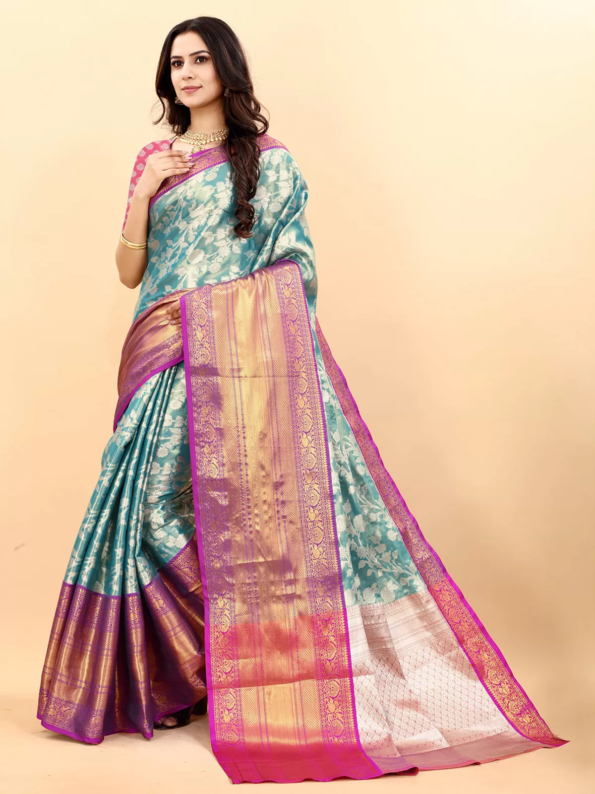 Odette Women Blue Silk Woven Saree With Unstitched Blouse