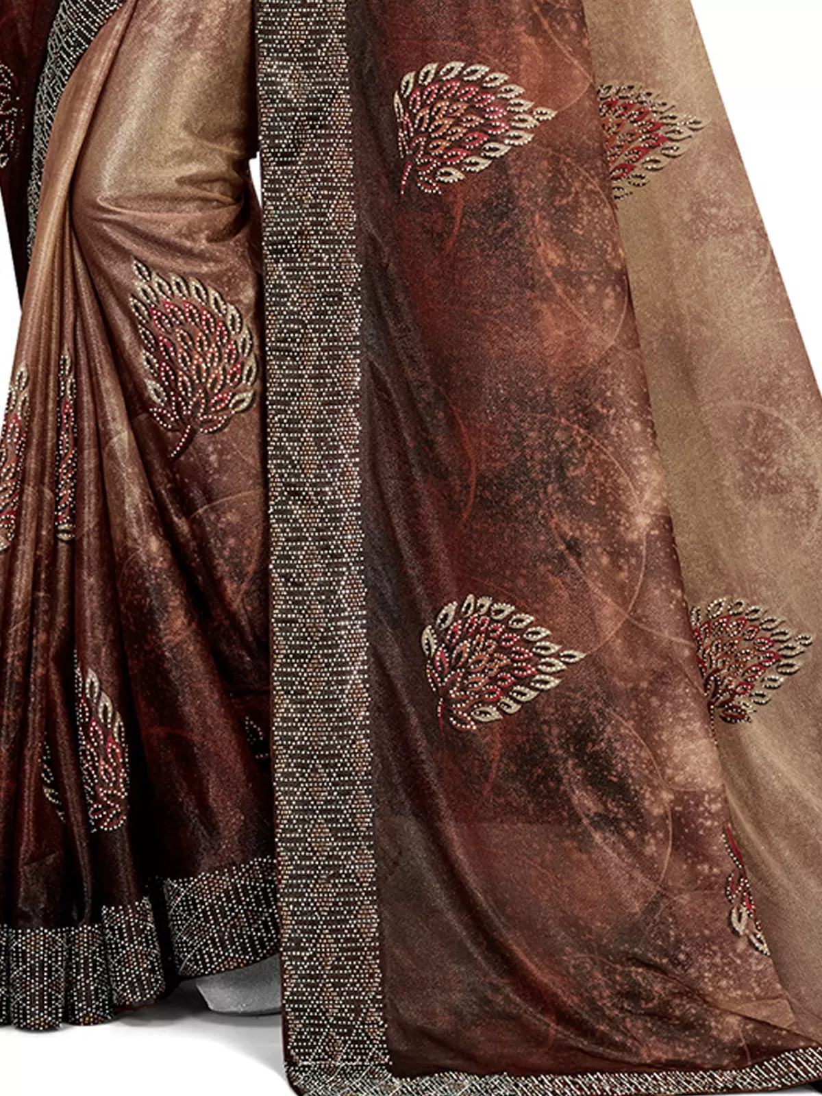 Odette Women Brown Lycra Digital Print & Siroski Work Saree With Unstitched Blouse