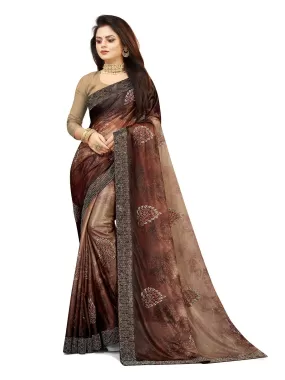 Odette Women Brown Lycra Digital Print & Siroski Work Saree With Unstitched Blouse