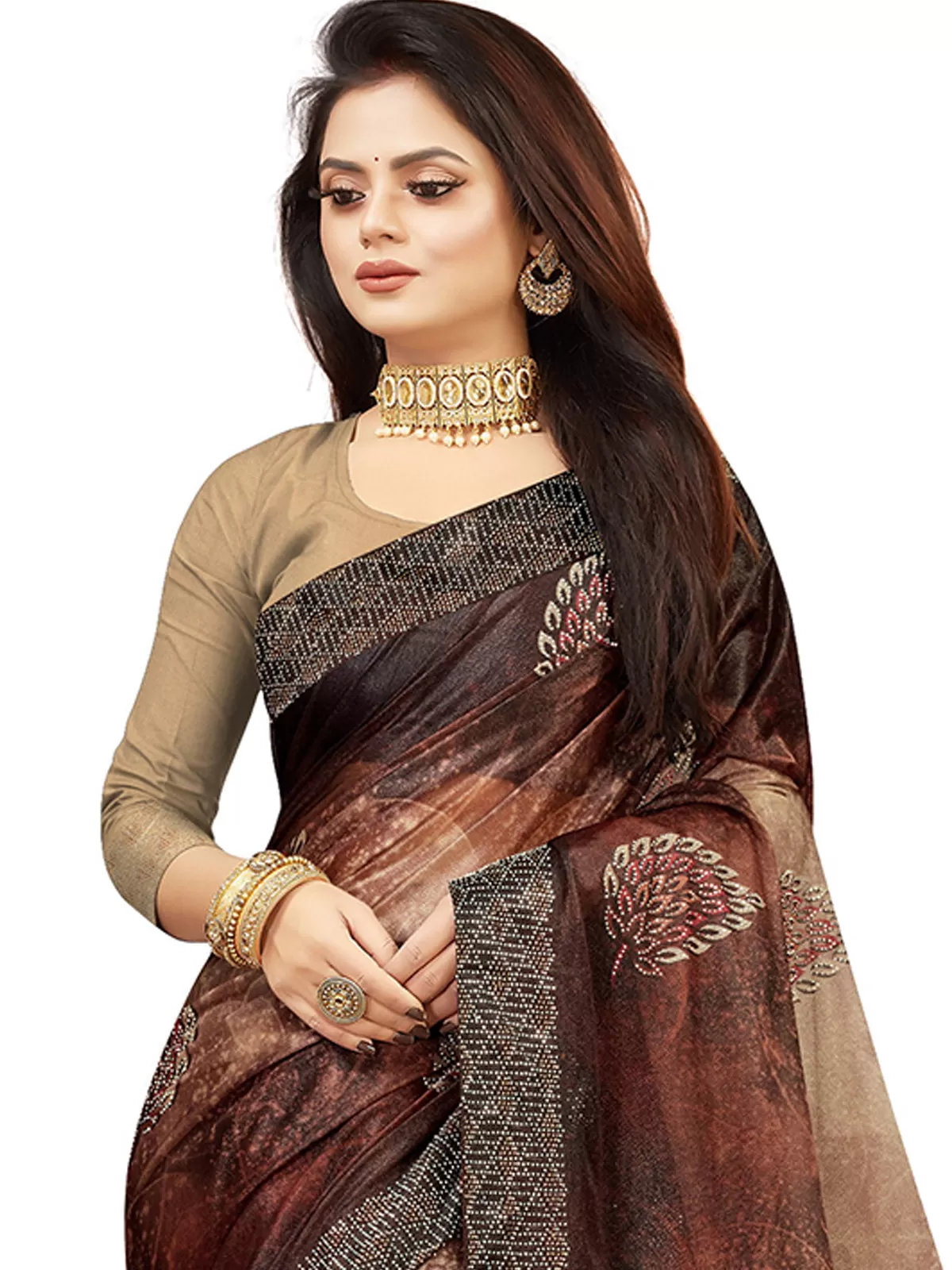 Odette Women Brown Lycra Digital Print & Siroski Work Saree With Unstitched Blouse