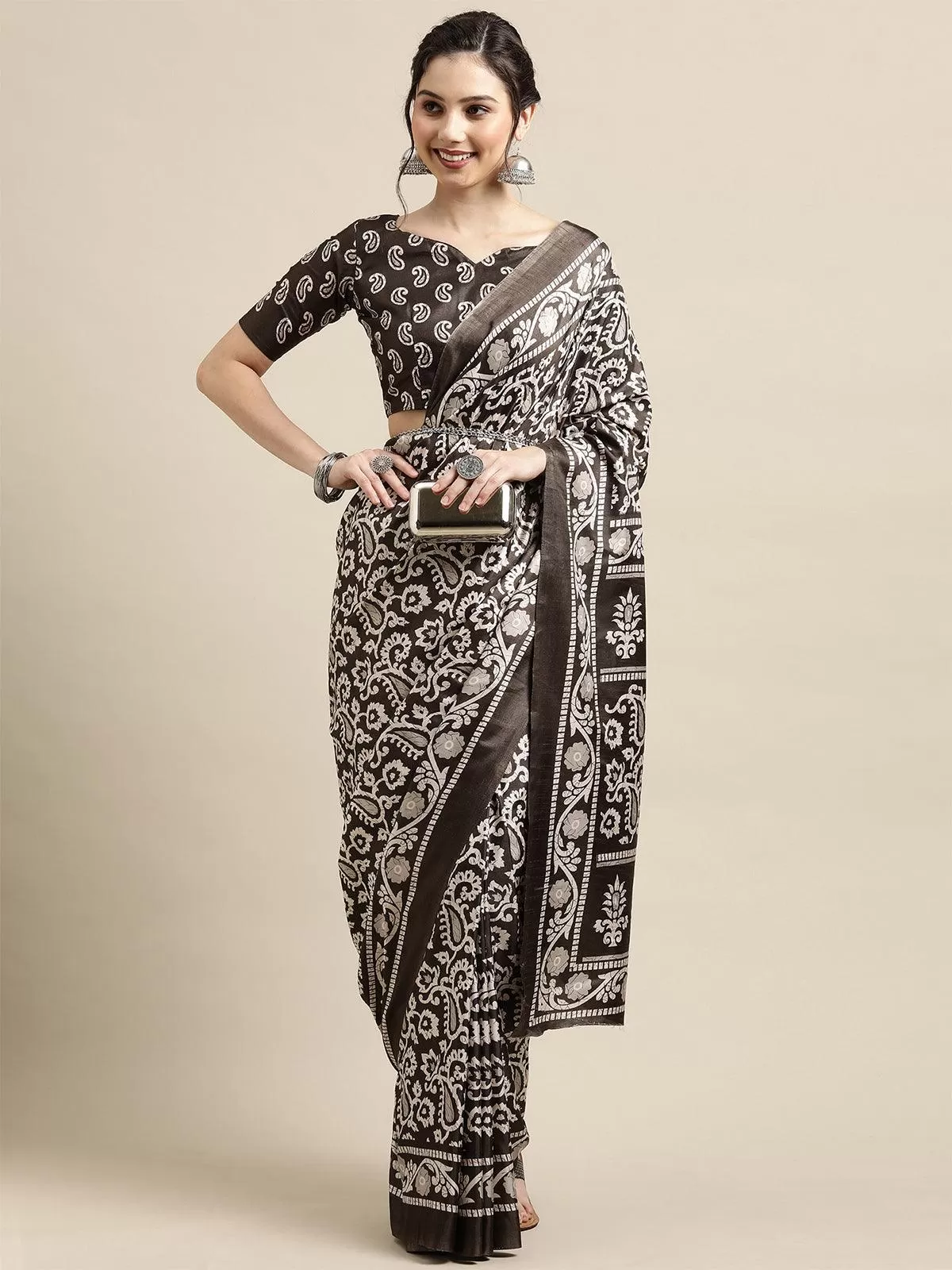 Odette Women Casual Dola Silk Printed Saree With Unstitched Blouse