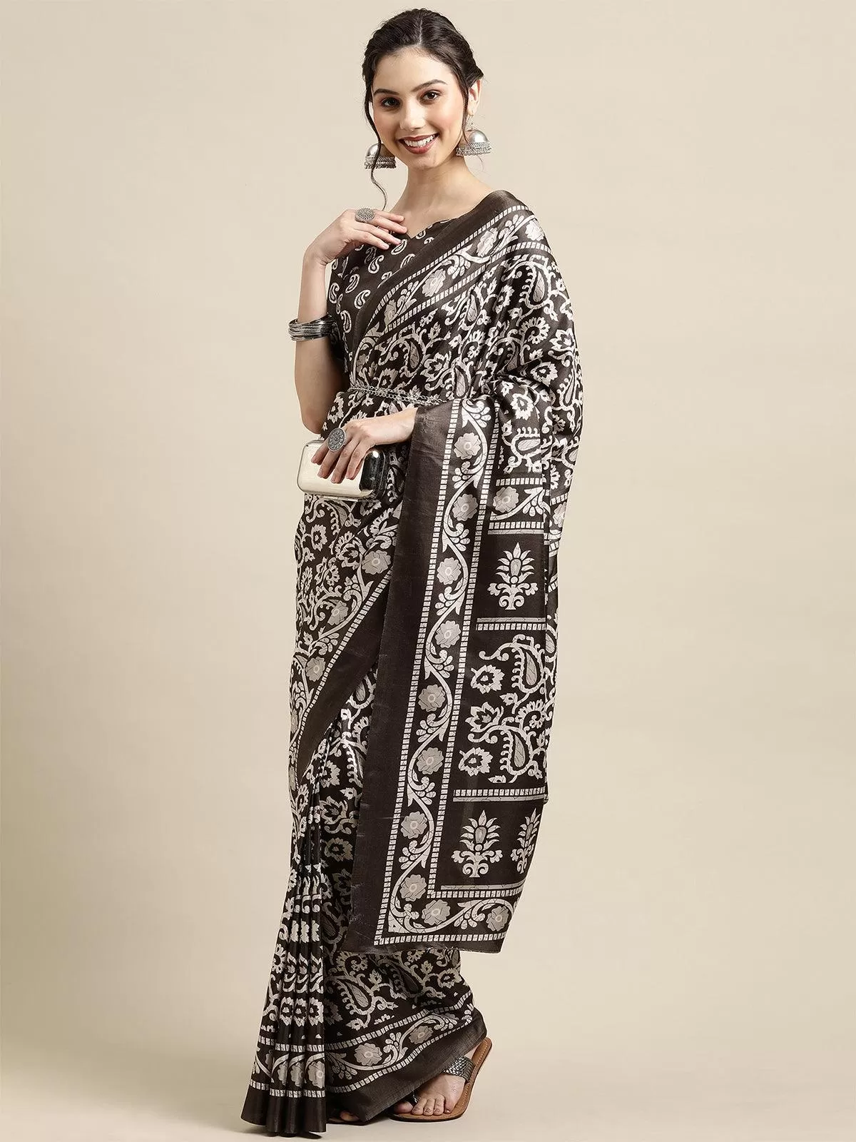 Odette Women Casual Dola Silk Printed Saree With Unstitched Blouse