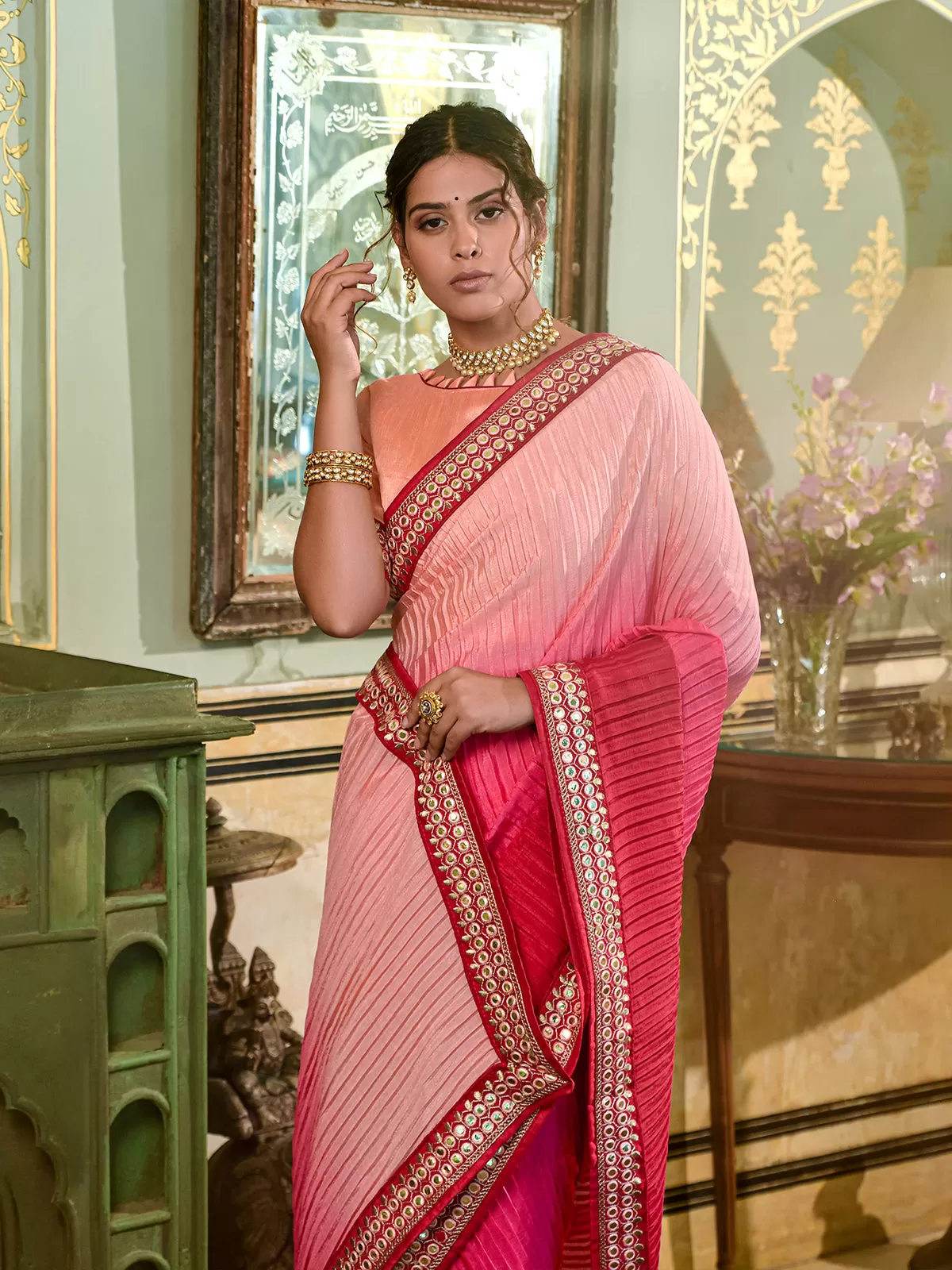 Odette Women Chinon Peach Embroidered Saree With Unstitched Blouse