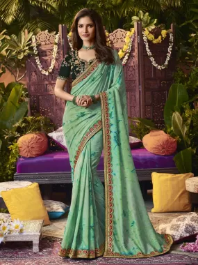 Odette Women Designer Sea Green Printed Vichitra Silk Diamond Work Saree With Unstitched Blouse