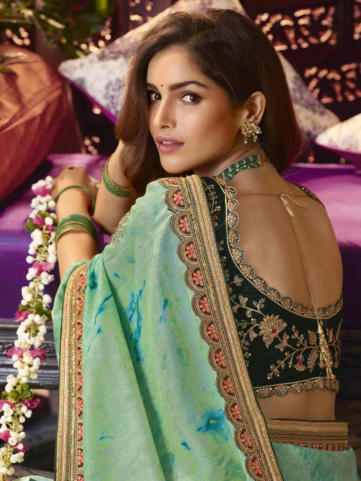 Odette Women Designer Sea Green Printed Vichitra Silk Diamond Work Saree With Unstitched Blouse