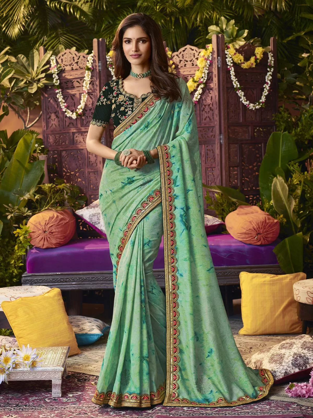 Odette Women Designer Sea Green Printed Vichitra Silk Diamond Work Saree With Unstitched Blouse