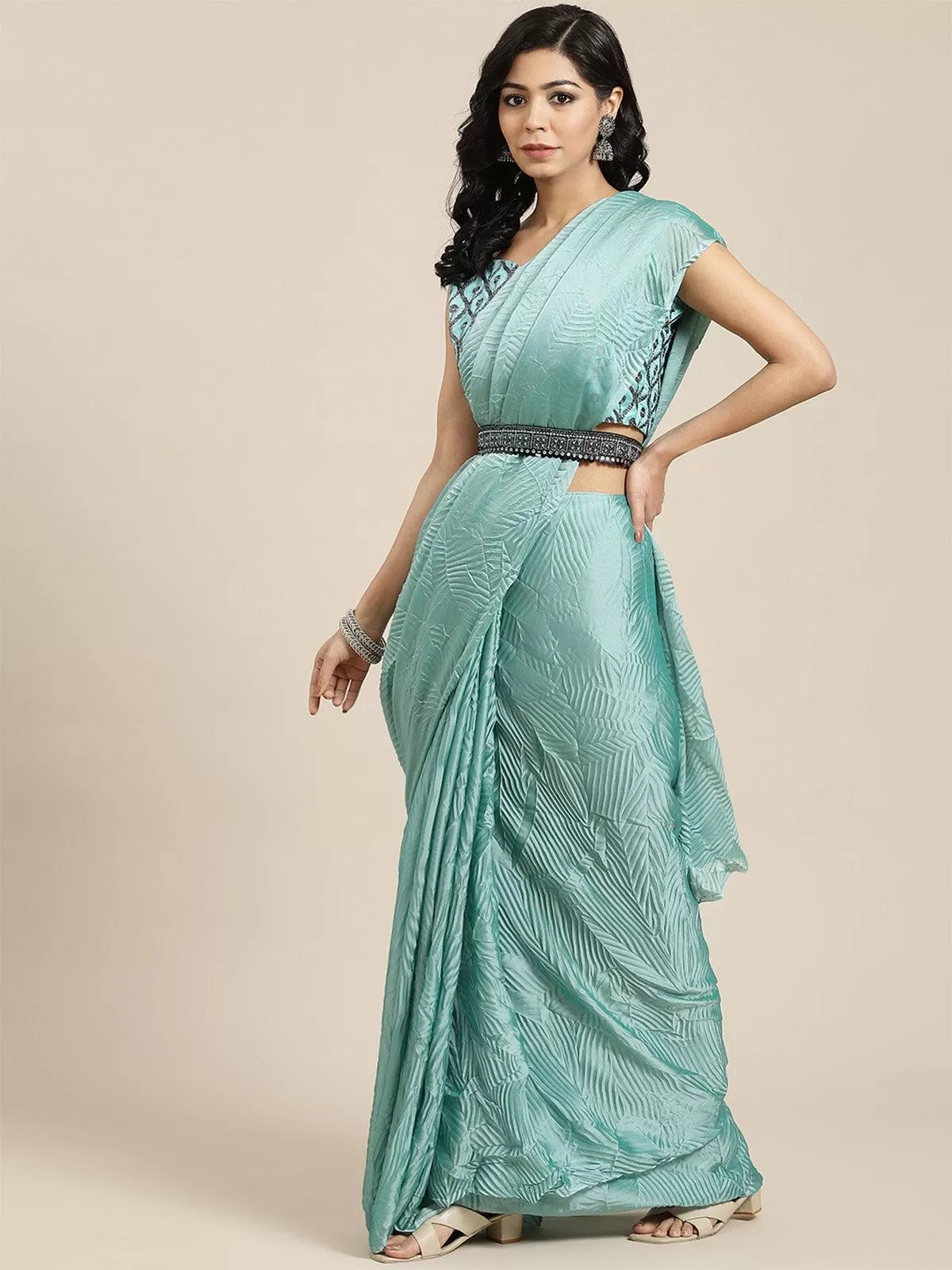 Odette Women Georgette Teal Blue Solid Belted Sarees With Blouse Piece