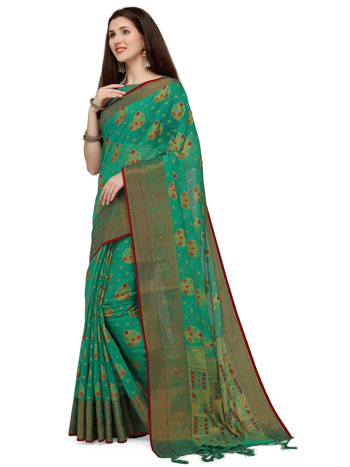 Odette Women Green Banarasi Silk Work Saree Unstitched Blouse