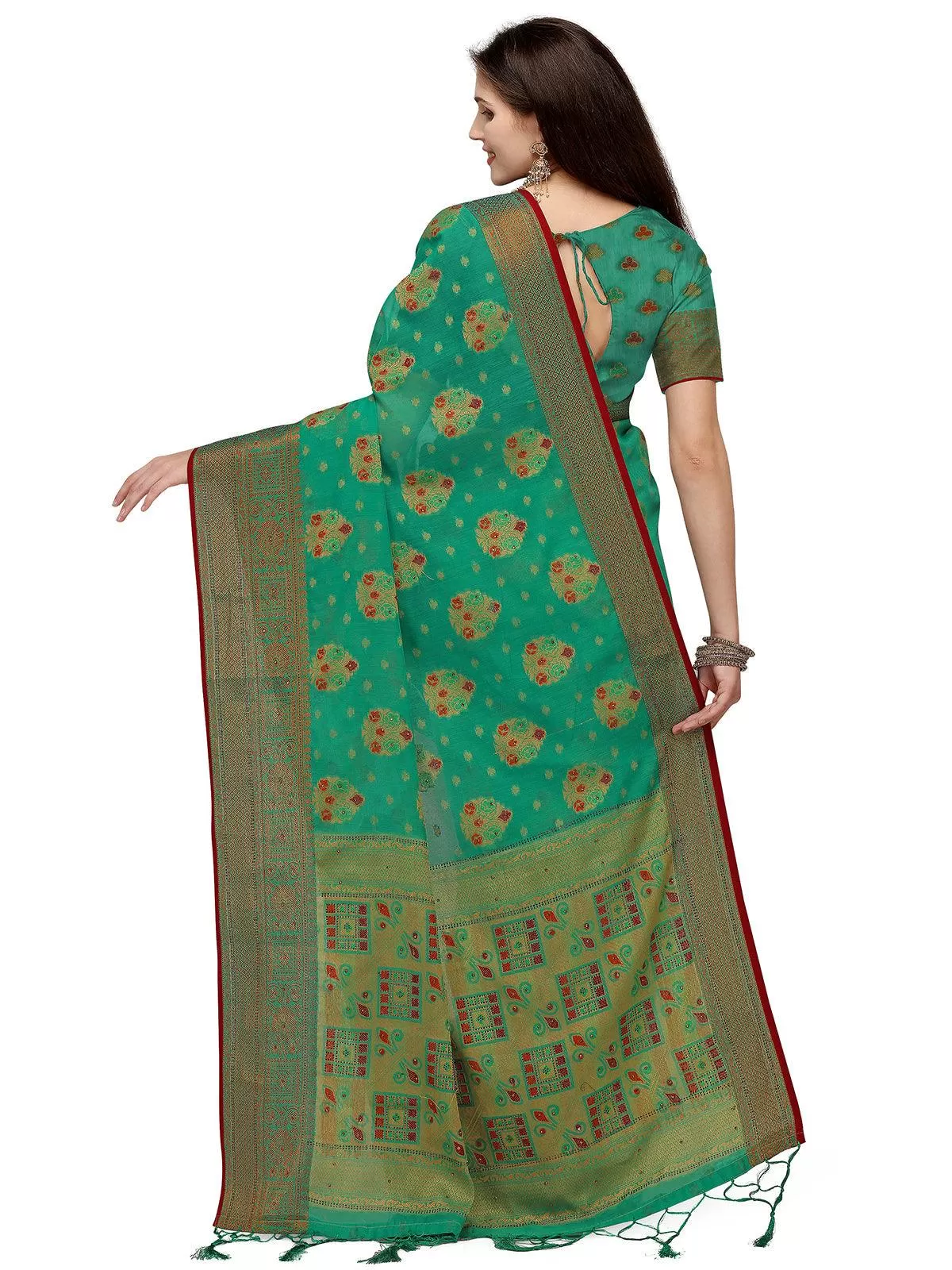 Odette Women Green Banarasi Silk Work Saree Unstitched Blouse