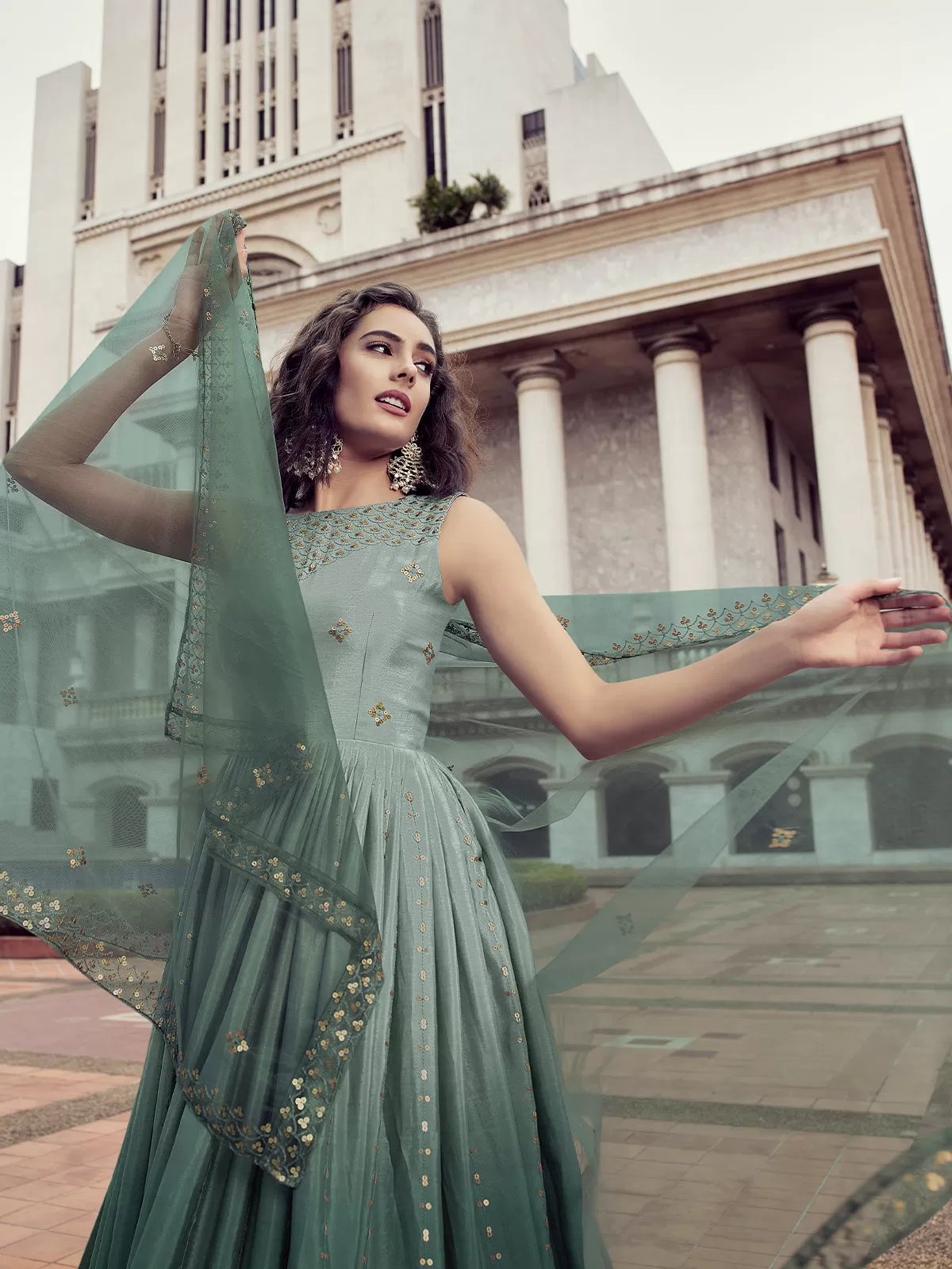 Odette Women Green Shaded Semi Stitched Gown With Dupatta