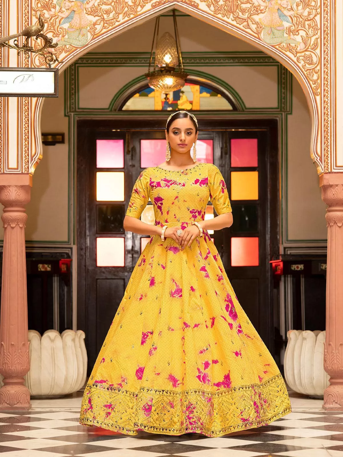 Odette Women Impressive Yellow Cotton Semi Stitched Anarkali