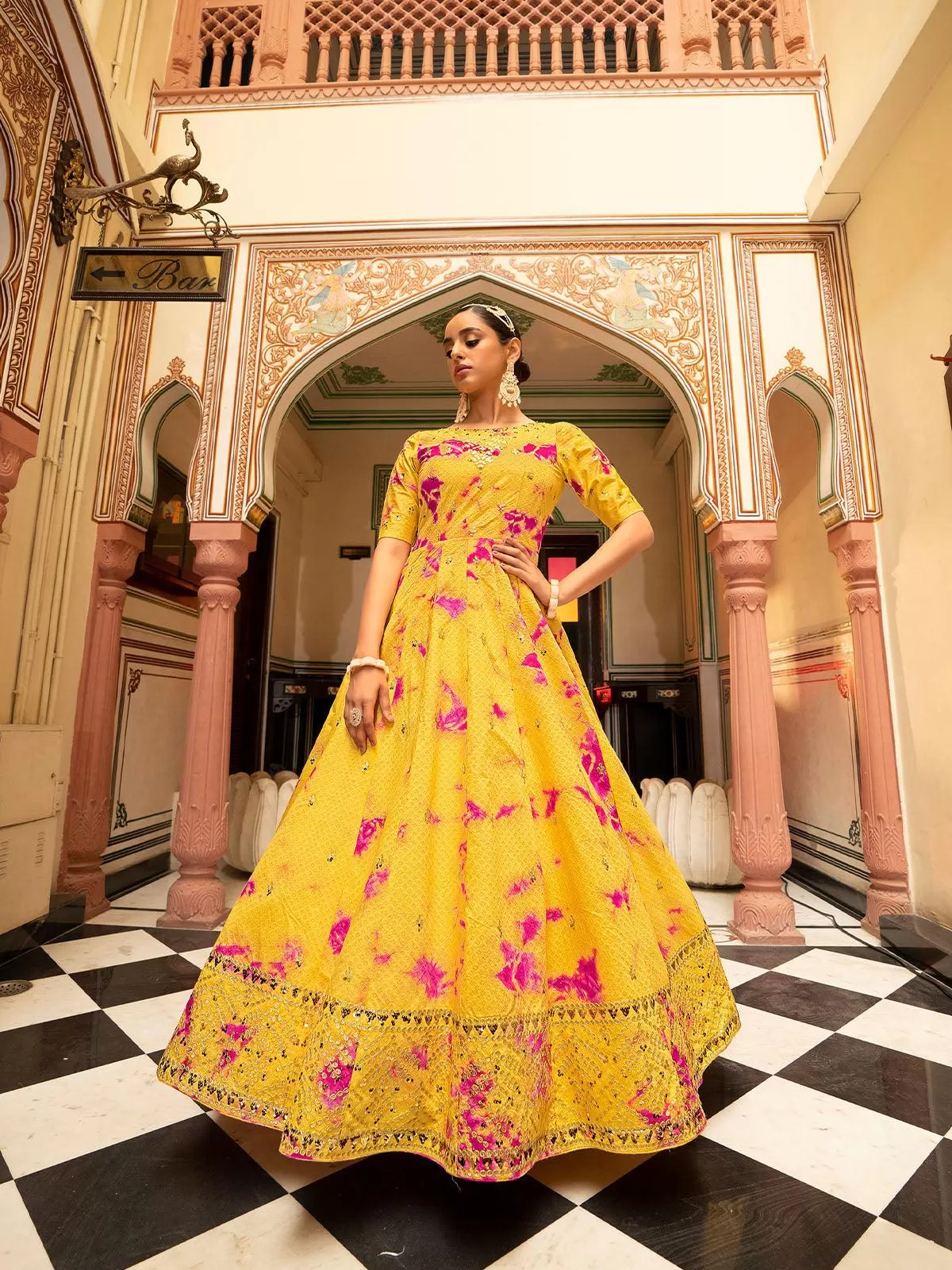 Odette Women Impressive Yellow Cotton Semi Stitched Anarkali