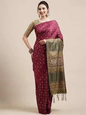 Odette Women Magenta Festive Silk Blend Printed Saree With Unstitched Blouse