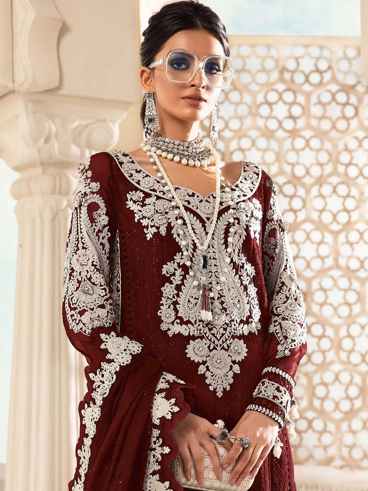 Odette Women Maroon Embroidered Georgette Partywear Semi Stitched Suit