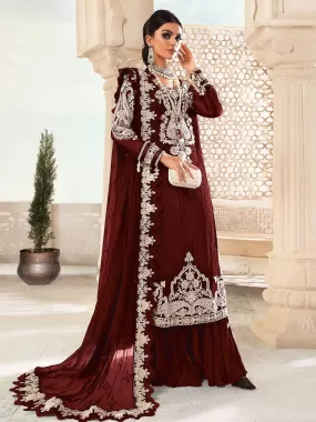 Odette Women Maroon Embroidered Georgette Partywear Semi Stitched Suit