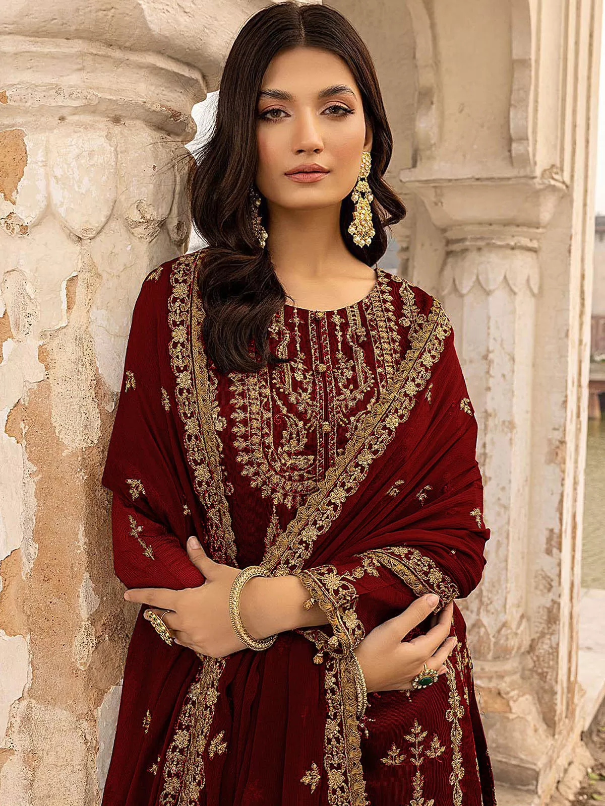 Odette Women Maroon Embroidered Georgette Semi Stitched Salwar Suit