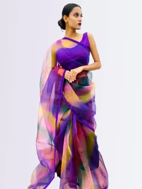 Odette Women Multicolor Organza Saree With Stitched Blouse