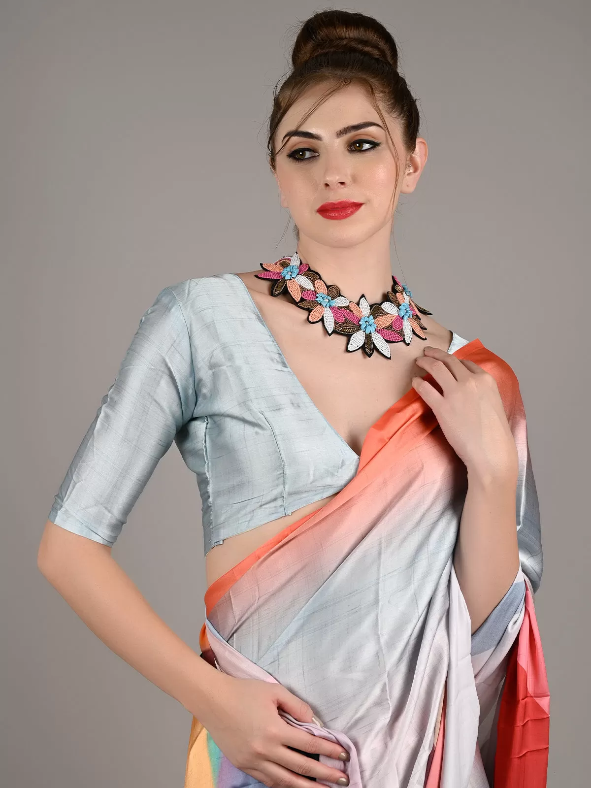 Odette Women Multicolor Satin Crepe Printed Saree With Unstitched Blouse