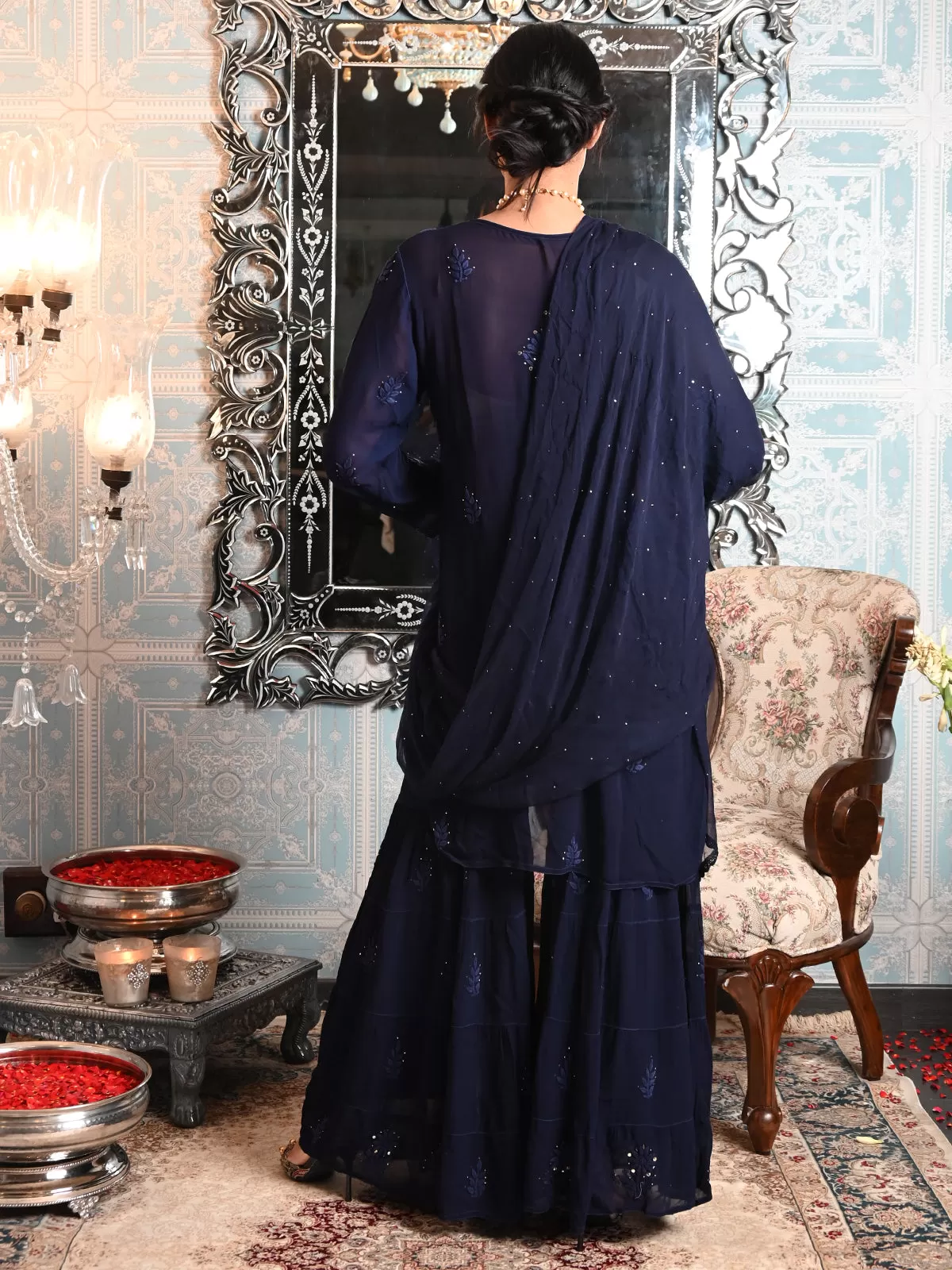 Odette Women Navy Blue Georgette Chikankari Embroidered Stitched Sharara Set