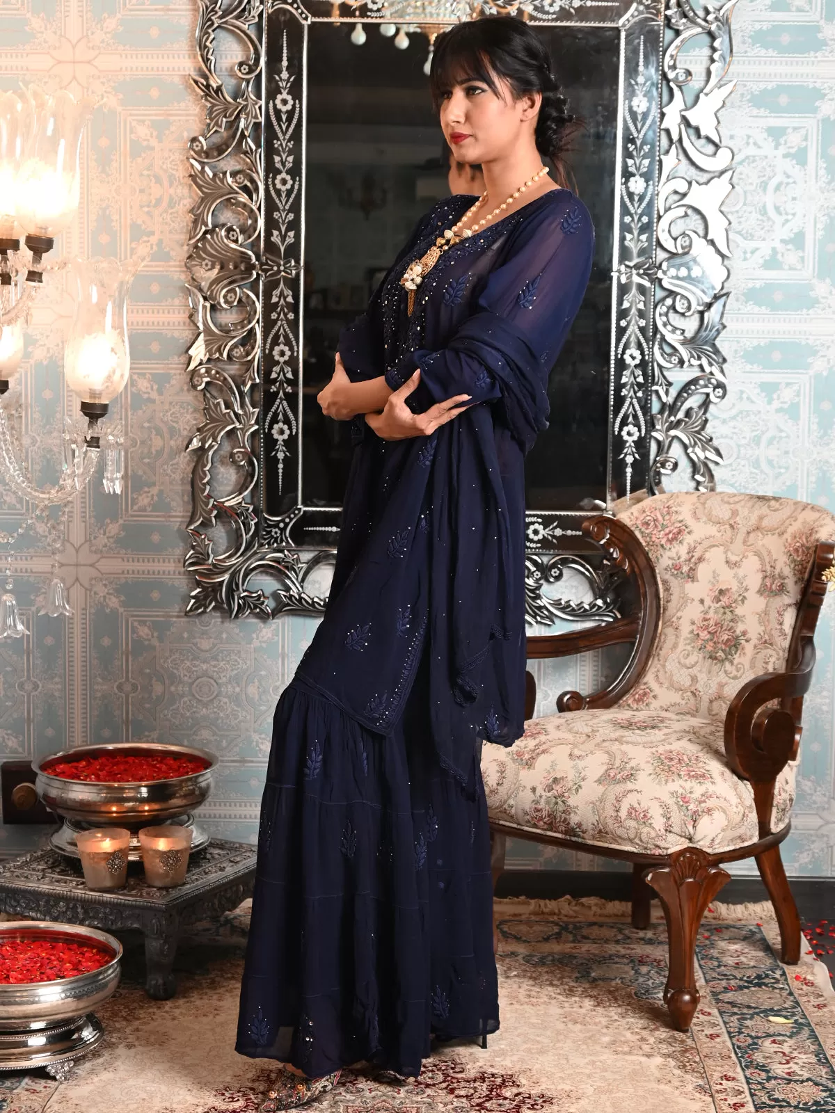 Odette Women Navy Blue Georgette Chikankari Embroidered Stitched Sharara Set