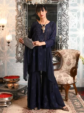 Odette Women Navy Blue Georgette Chikankari Embroidered Stitched Sharara Set