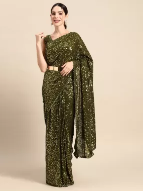 Odette Women Olive Georgette Designer Sequins Saree With Unstitched Blouse