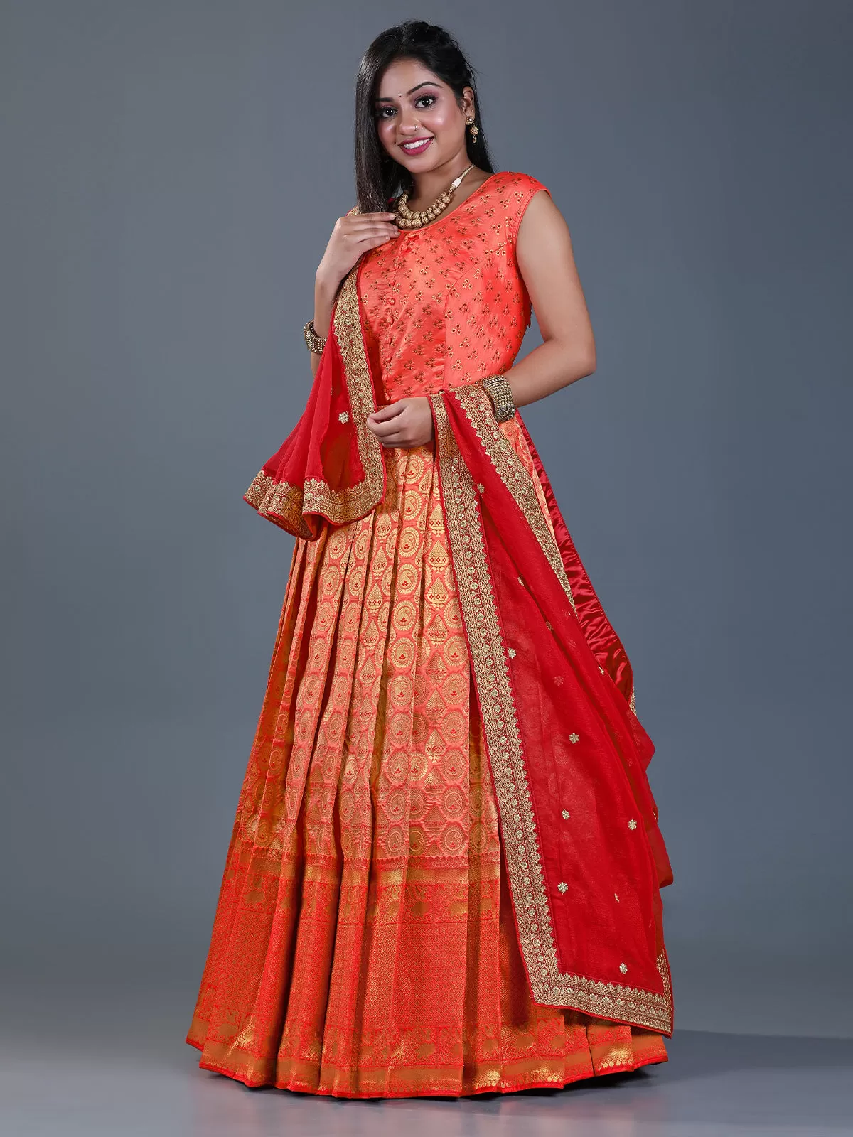 Odette Women Orange Banarasi Silk Woven Stitched Gown