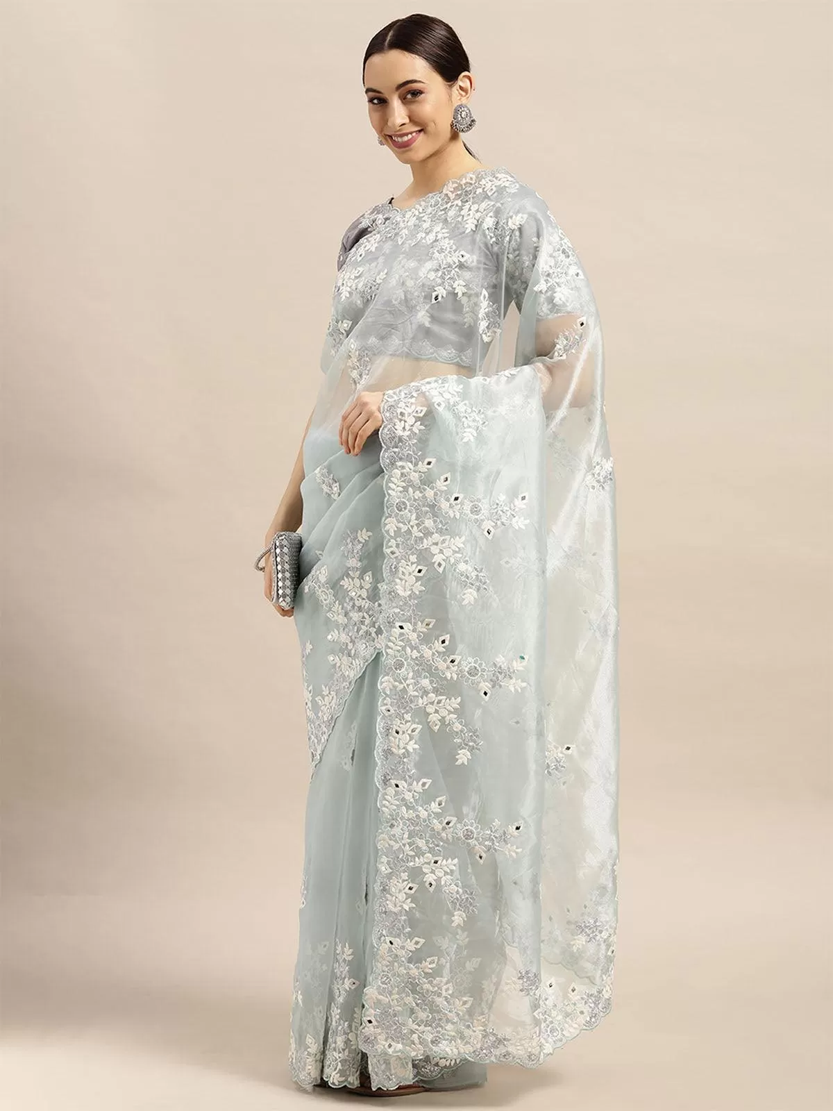 Odette Women Organza Grey Embroidered Designer Saree With Blouse Piece