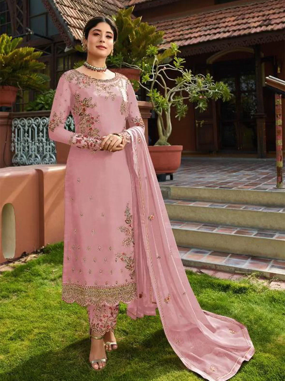 Odette Women Pink Color Georgette Straight Semi Stitched Salwar Kameez