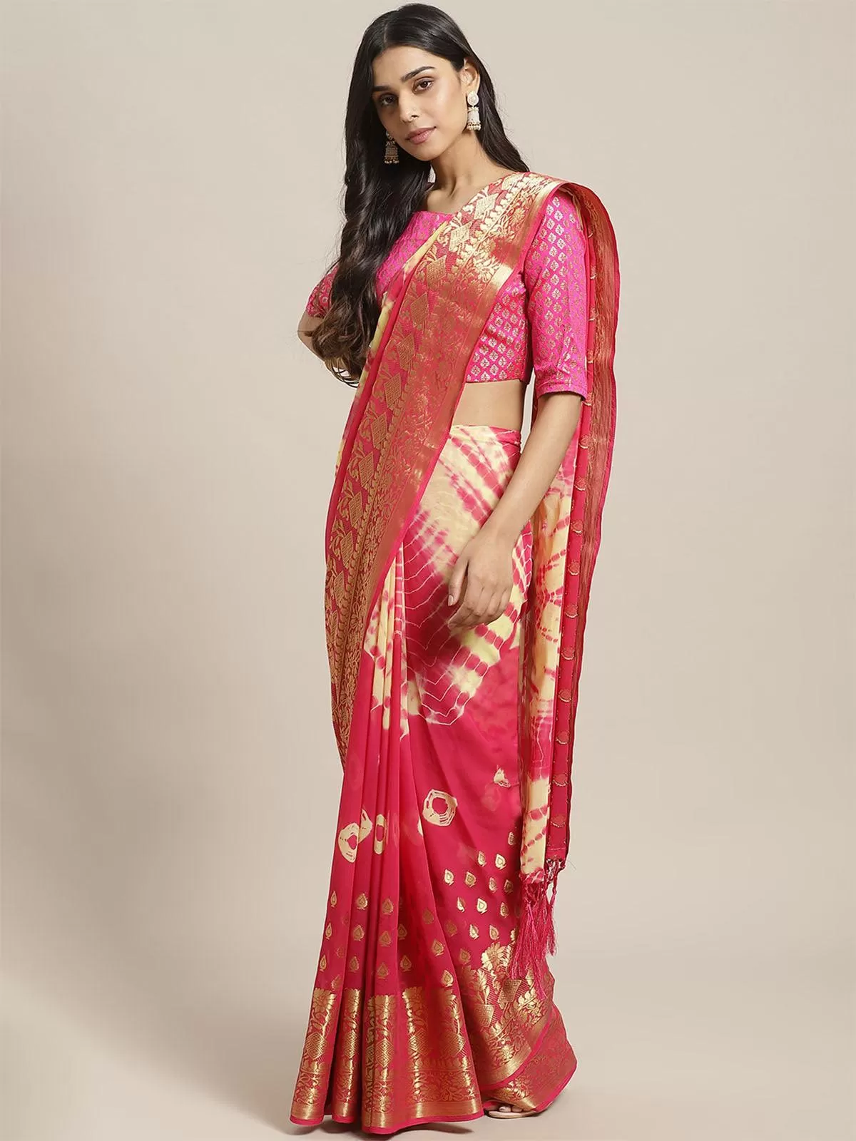 Odette Women Pink Festive Georgette Woven Saree With Unstitched Blouse