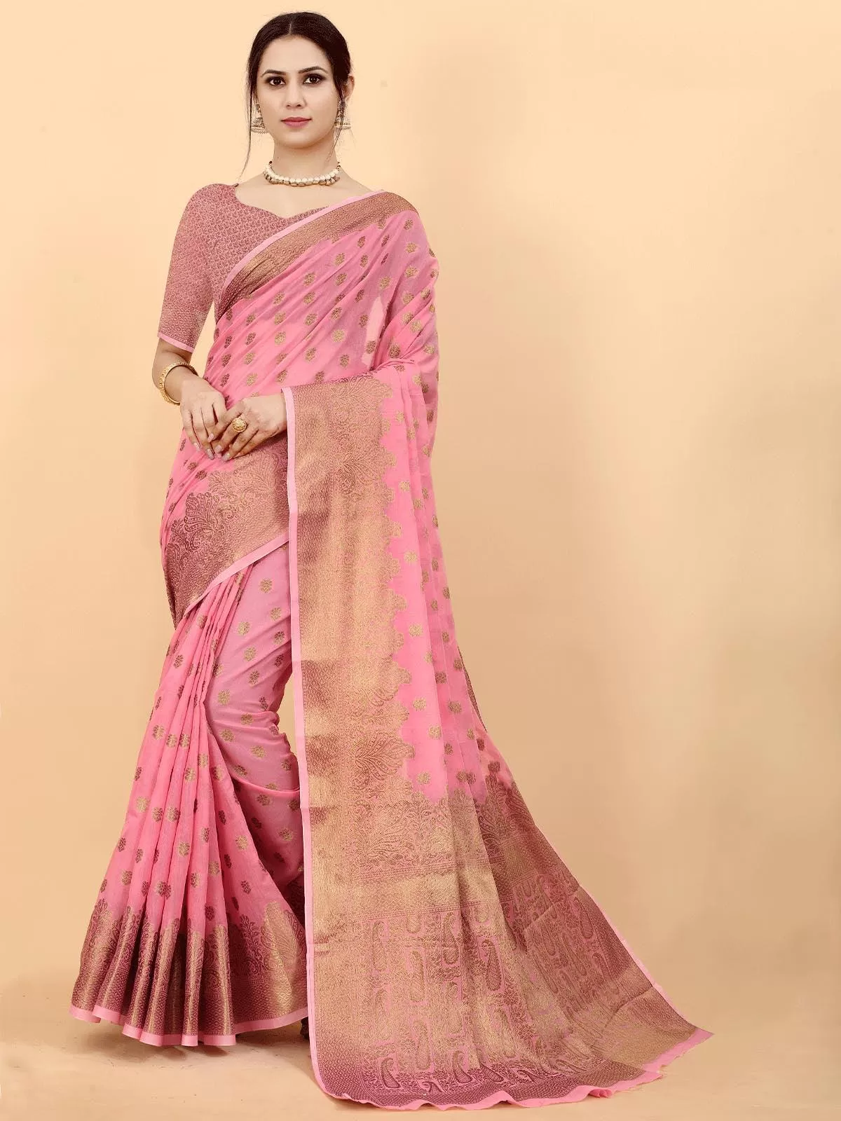 Odette Women Pink Soft Cotton Slub Heavy Jari Wevon Designer Saree With Unstitched Blouse