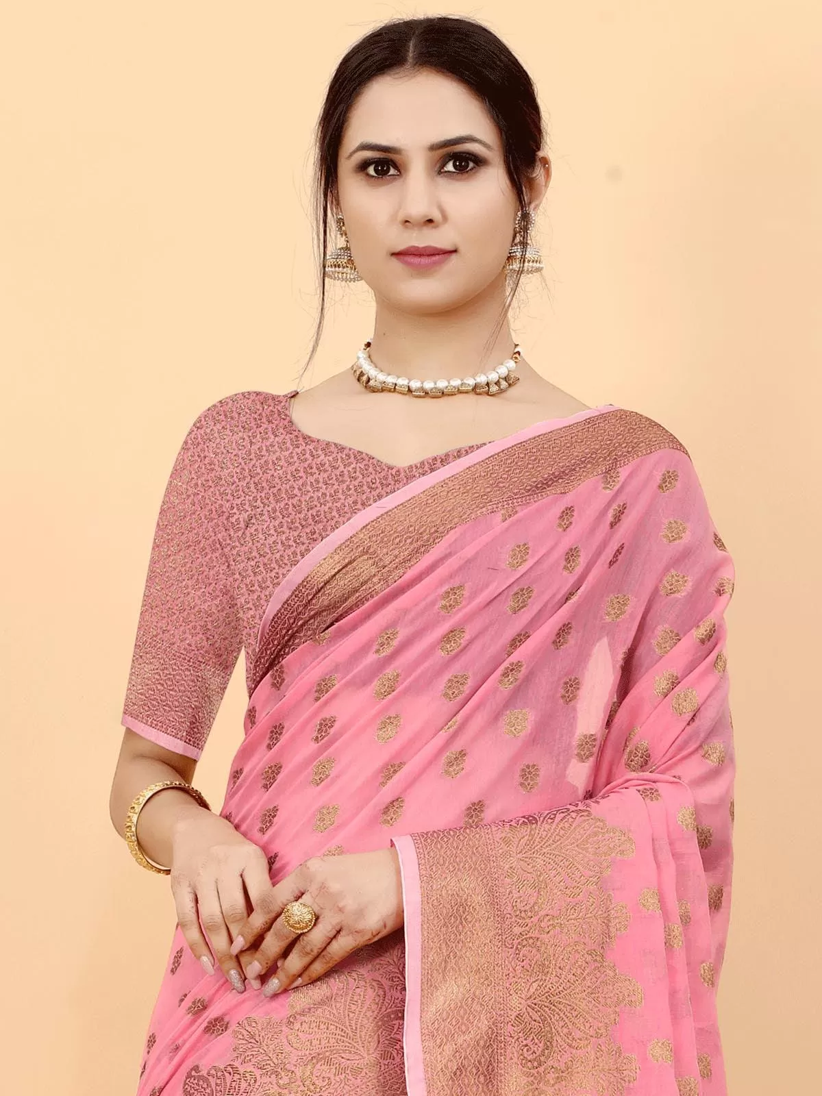 Odette Women Pink Soft Cotton Slub Heavy Jari Wevon Designer Saree With Unstitched Blouse