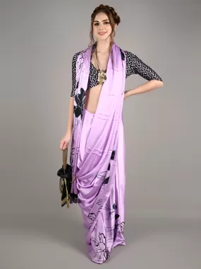 Odette Women Purple Satin Crepe Digital Floral Print Saree With Unstitched Blouse