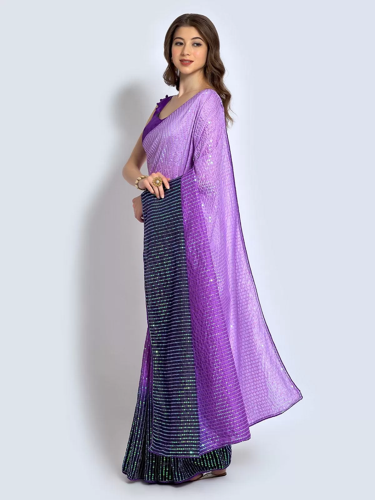 Odette Women Purple Silk Blend Designer Embroidery Saree With Unstitched Blouse