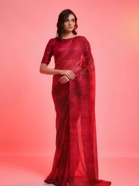 Odette Women Red Chiffon Sequins Embroidered Saree With Unstitched Blouse