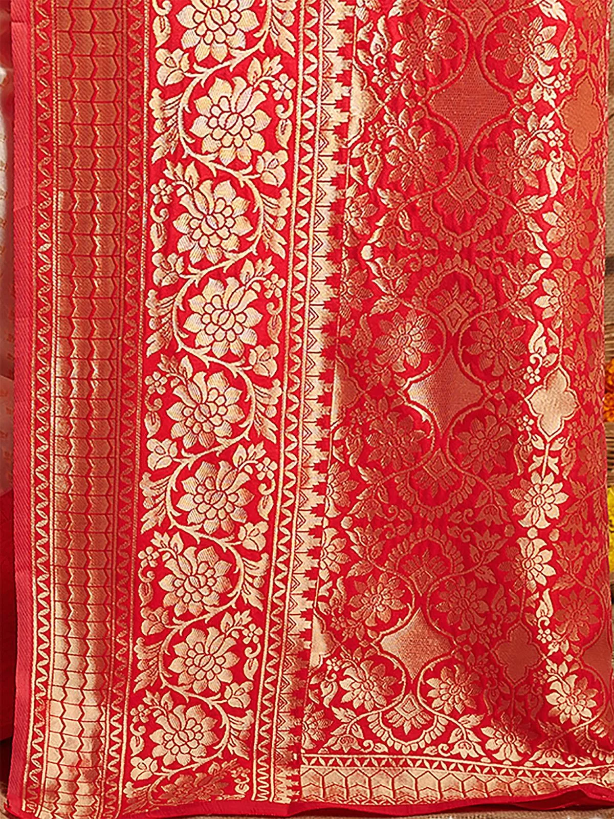 Odette Women Silk Blend Apricot And Red Woven Designer Saree With Unstitched Blouse