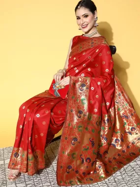 Odette Women Silk Blend Red Woven Design Saree With Blouse Piece