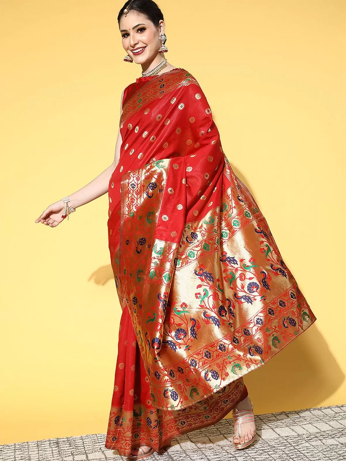 Odette Women Silk Blend Red Woven Design Saree With Blouse Piece