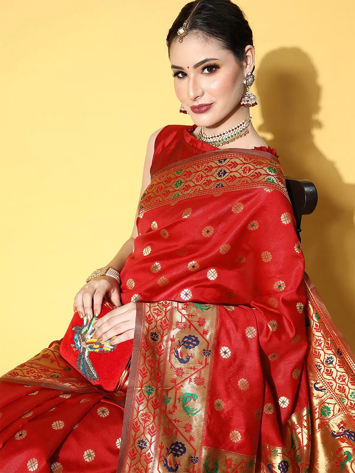 Odette Women Silk Blend Red Woven Design Saree With Blouse Piece